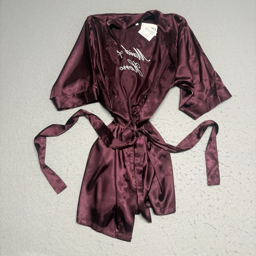 Davids Bridal Satin Silk Burgundy Maid Of Honor Robe Size S NWT - Picture 6 of 6